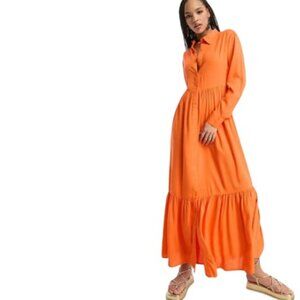 Monki Womens Tiered Button Front Maxi Shirt Dress in Bright Orange S New